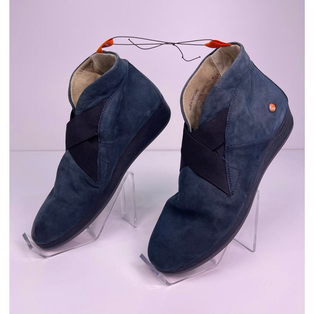 NWT Fly London Blue Suede Wedge Booties Womens Sz 8 Comfort Slip On Ankle Boots - Picture 2 of 14